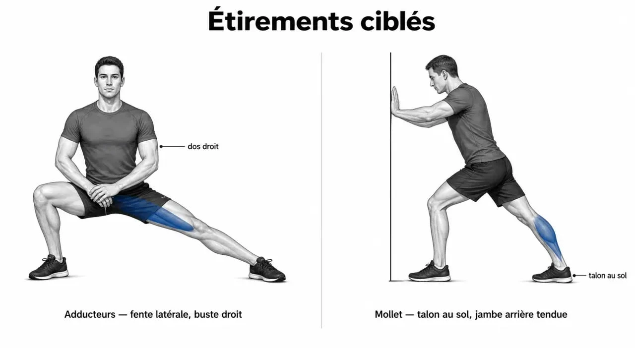 Étirements jambe : adducteurs et mollets en positions simples