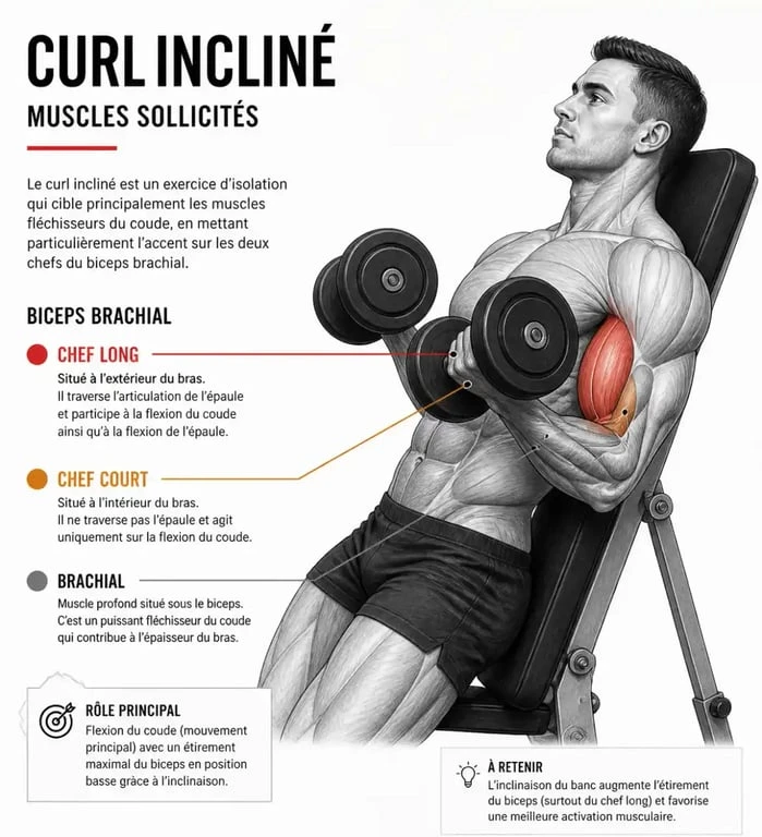 Schéma anatomique des muscles sollicités lors du curl incliné haltères