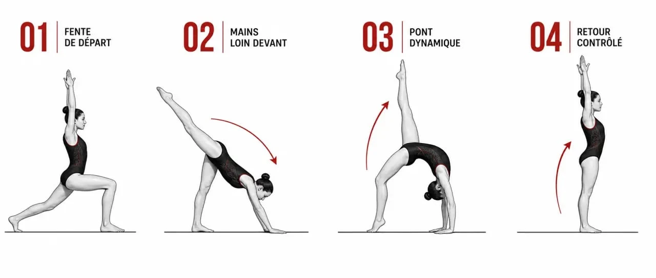 Souplesse avant : les étapes du front walkover illustrées en séquence