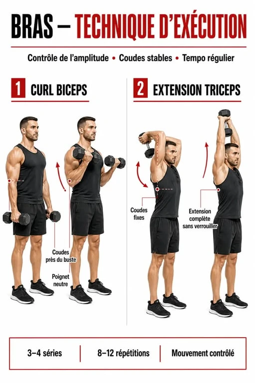Séance bras muscu : technique du curl biceps et de l'extension triceps