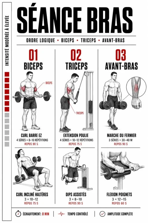 Séance bras muscu avec ordre des exercices, séries et temps de repos