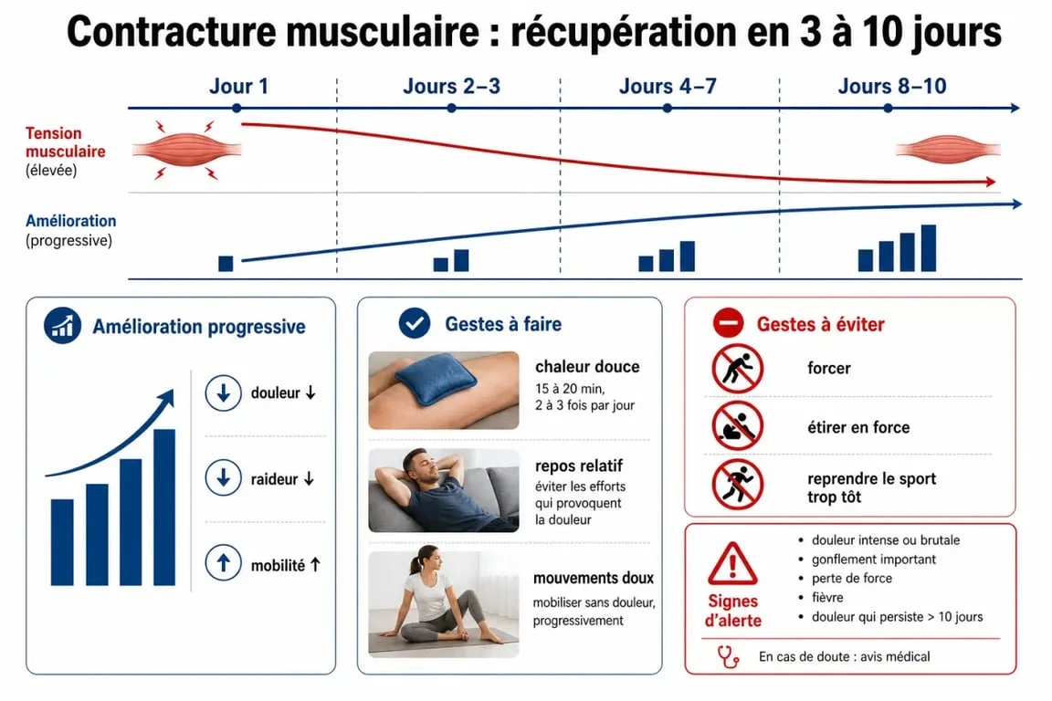 Contracture musculaire temps de guérison : frise de récupération sur 3 à 10 jours et gestes à faire ou éviter