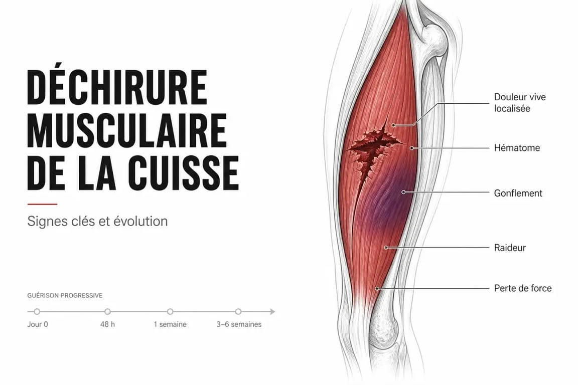 Déchirure musculaire symptôme : schéma médical des signes d’une lésion musculaire