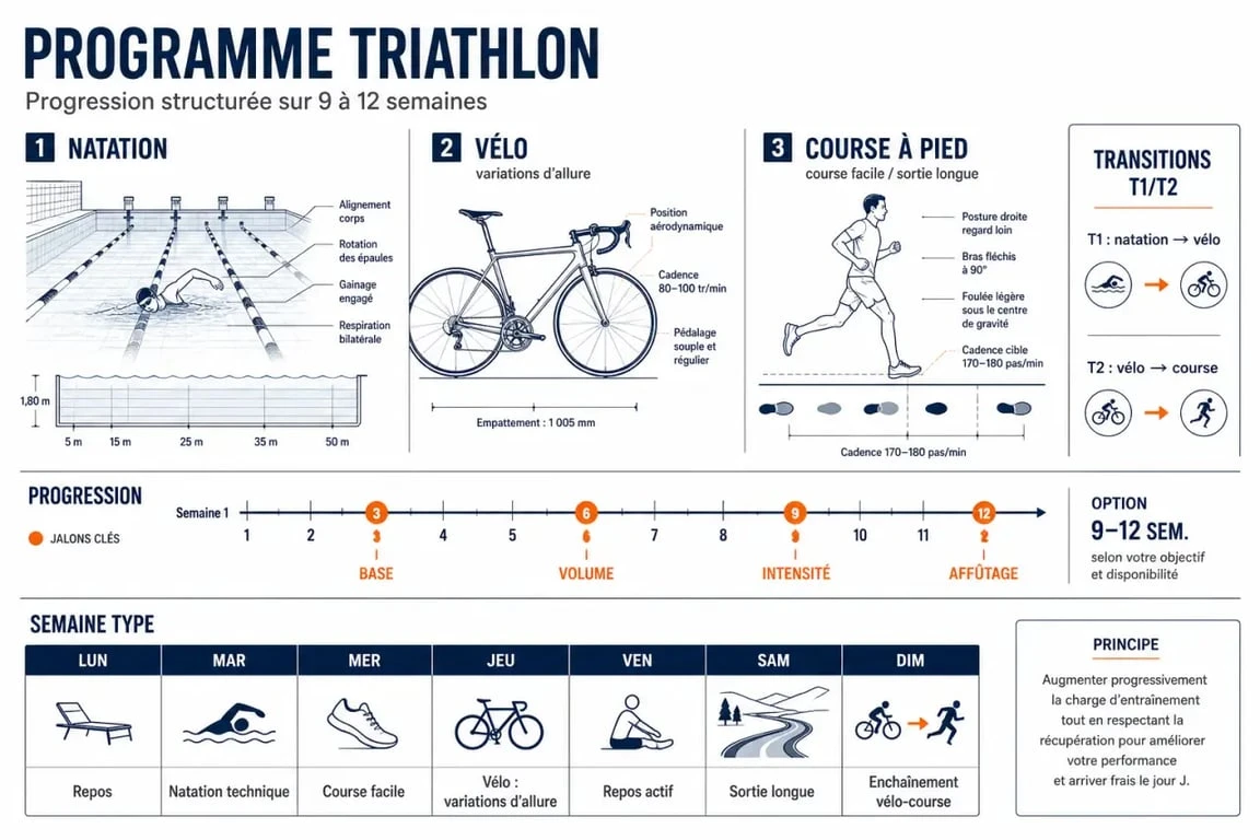 Programme entrainement triathlon : semaine type, progression sur 9 à 12 semaines et transitions T1/T2