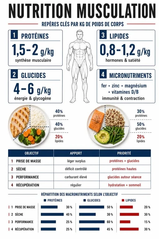Nutrition pour musculation : repères visuels sur protéines, glucides et lipides selon l’objectif