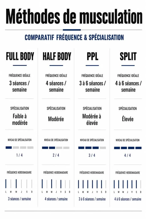 Infographie comparative des méthodes de split musculation et autres répartitions