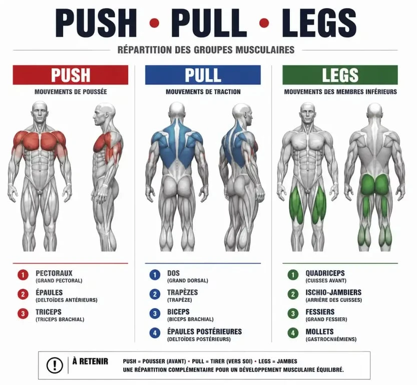 Schéma des groupes musculaires pour un programme de musculation PPL