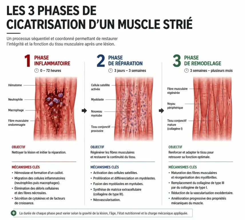Schéma des trois phases de cicatrisation après une déchirure musculaire
