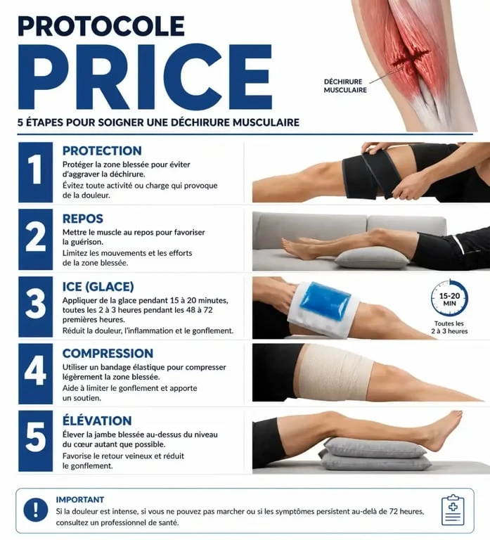 Infographie illustrant les étapes du protocole PRICE pour soigner une déchirure musculaire