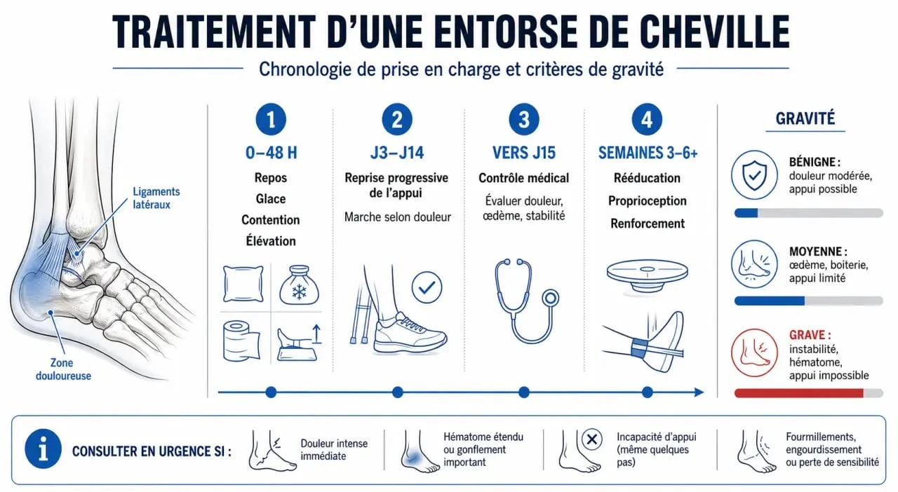 Traitement cheville entorse : frise des premières 48 heures, de l’immobilisation, de la reprise d’appui et de la rééducation