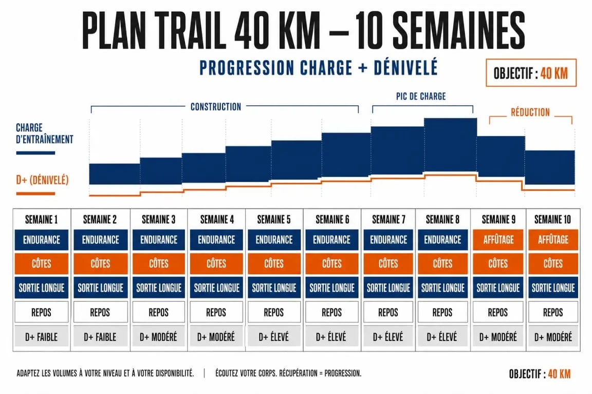 Plan entraînement trail 40 km pdf avec progression hebdomadaire sur 10 semaines