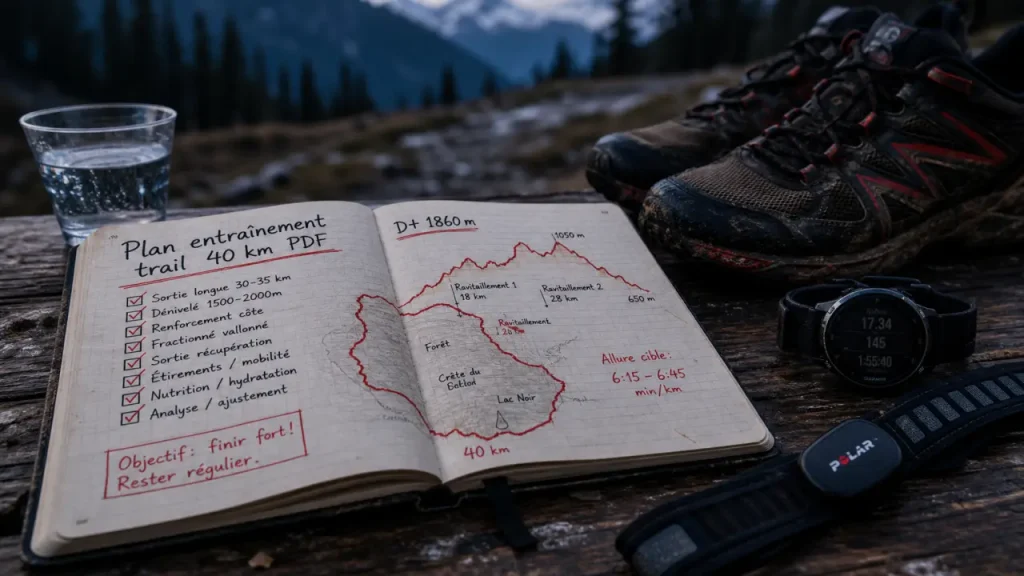 Trail 40 km : endurance, dénivelé et séances clés pour un plan PDF prêt à suivre