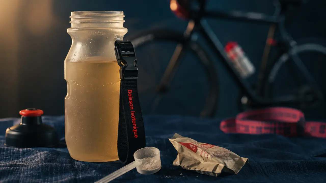 Boisson isotonique dans une gourde de course, avec doseur et poudre