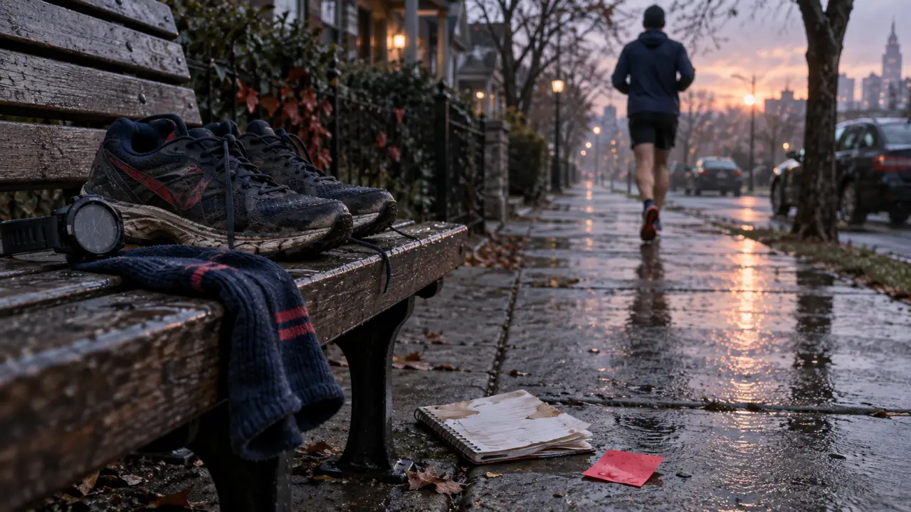 Courir sur des courbatures, foulée naturelle : chaussures et joggeur au matin sur trottoir humide