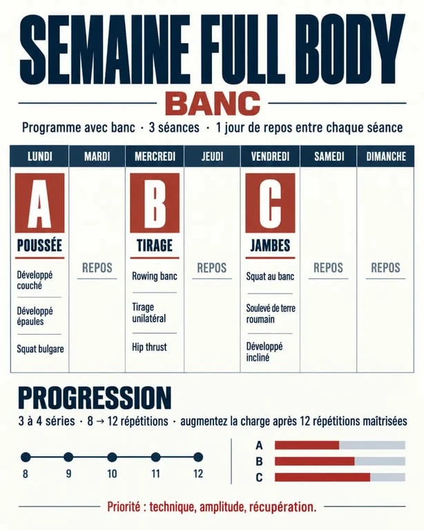 Programme de musculation avec banc PDF : organisation visuelle des séances full body A, B et C