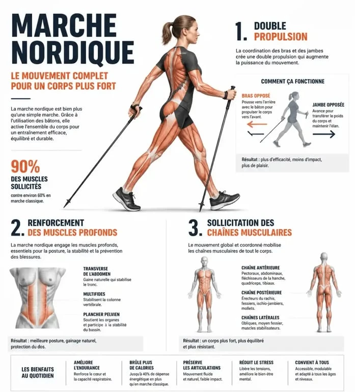 Infographie des bienfaits santé de la marche nordique et sport nature santé