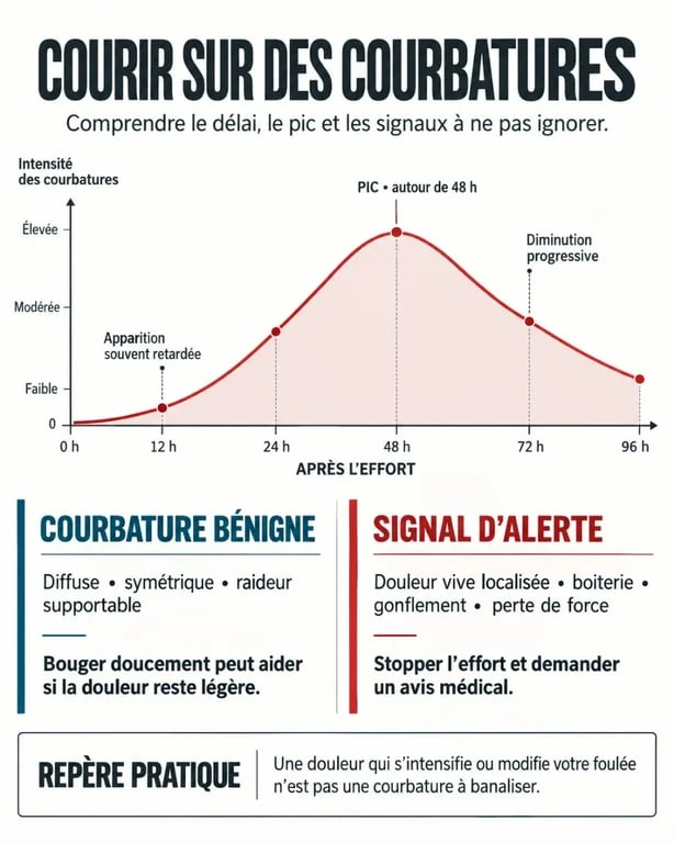Infographie pour savoir courir sur des courbatures et reconnaître les signes d’alerte