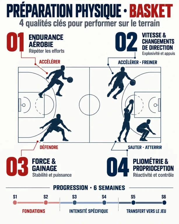 Infographie de préparation physique basket présentant les qualités physiques et les six semaines de progression