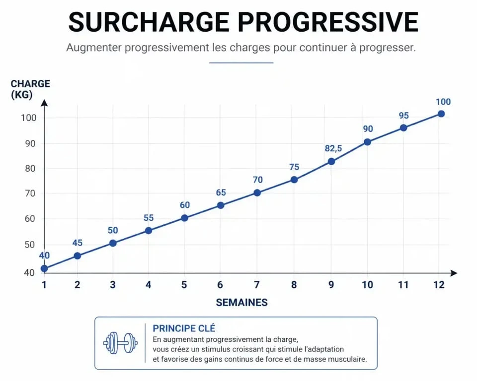 Graphique de surcharge progressive pour le suivi d'un programme musculation débutant