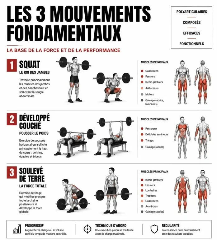 Schéma des mouvements polyarticulaires pour un programme musculation débutant