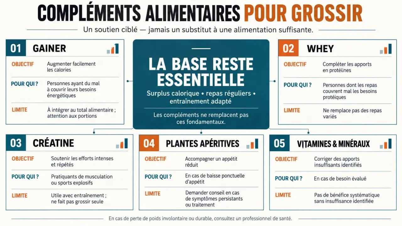 Infographie comparative des compléments alimentaires pour grossir selon l’objectif et les limites