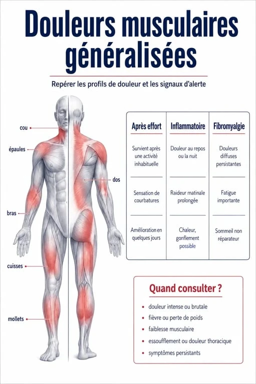 Douleurs musculaires généralisées : schéma comparatif des causes fréquentes et des signes d’alerte