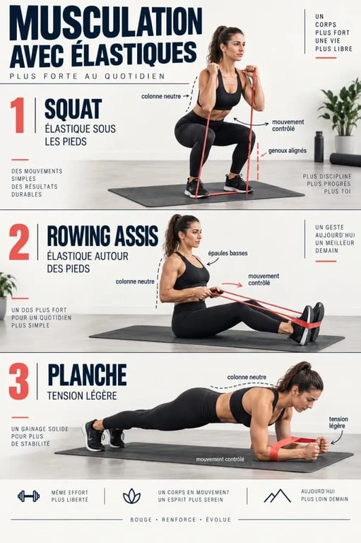 Programme musculation élastique PDF gratuit avec squat, rowing et planche illustrés