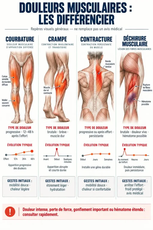Schéma pour comprendre comment soigner les douleurs musculaires selon leur type
