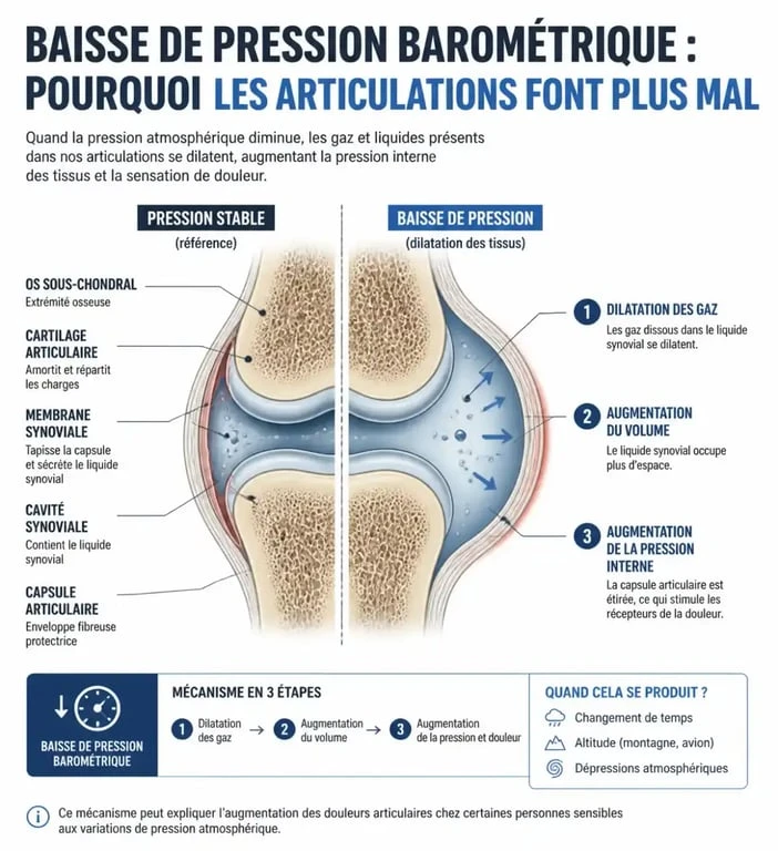 Schéma explicatif de l'impact de la pression barométrique sur les articulations et les douleurs musculaires liées à l'humidité