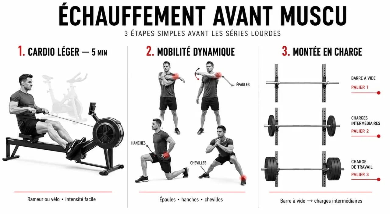 Échauffement avant muscu en trois phases : cardio léger, mobilité articulaire et montée en charge