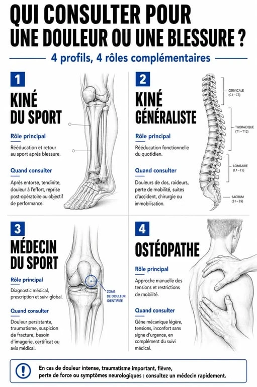 Infographie sur le kiné du sport, avec comparaison des rôles et des situations de consultation