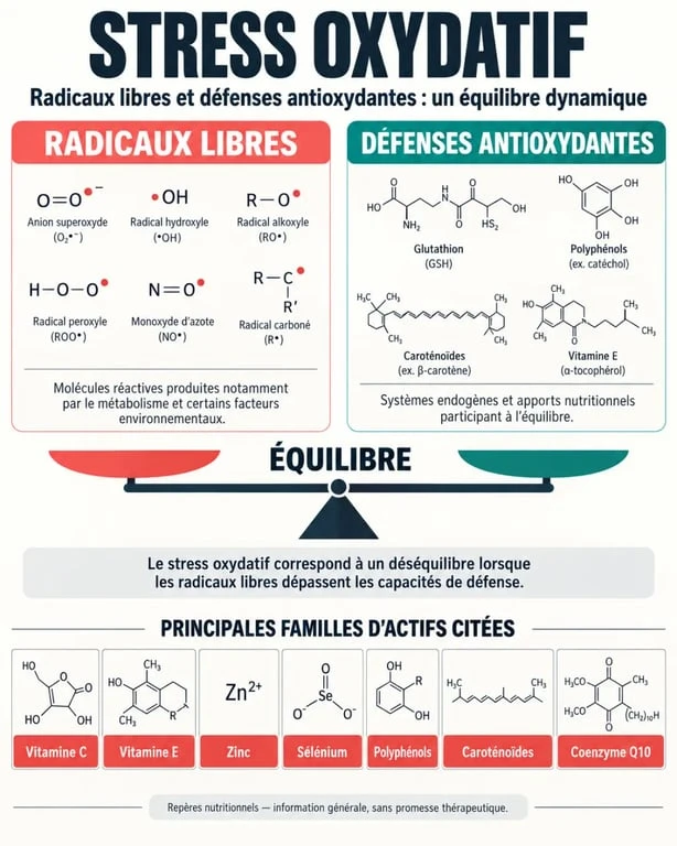 Compléments alimentaires anti oxydant : infographie sur le stress oxydatif et les principales familles d'antioxydants