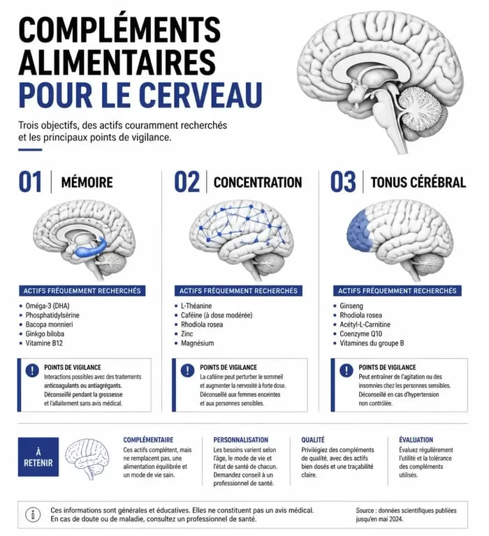 Infographie sur les compléments alimentaires pour le cerveau selon l’objectif mémoire, concentration ou tonus