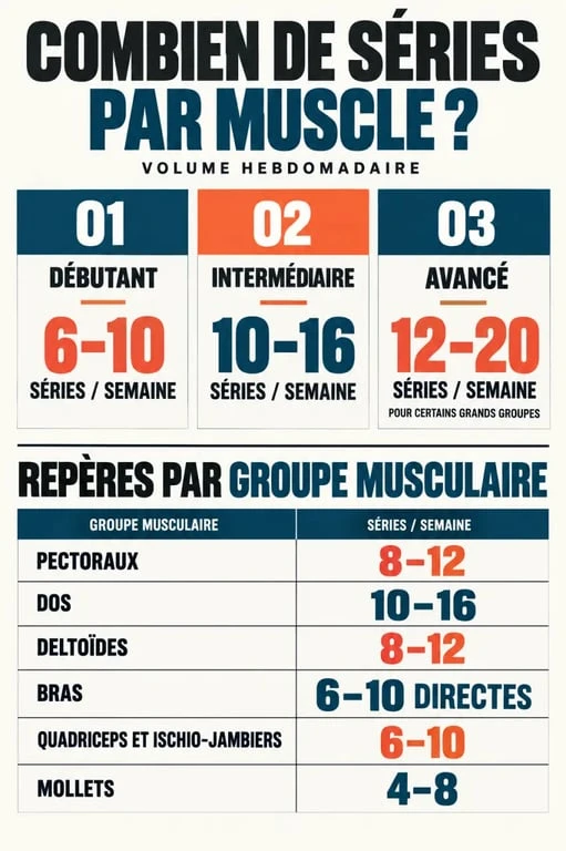 Infographie combien de série par muscle selon le niveau et le groupe musculaire