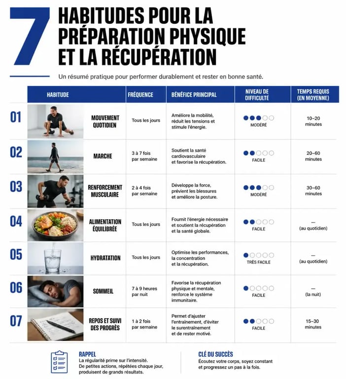 Préparation physique et récupération : 7 habitudes résumées dans un tableau clair