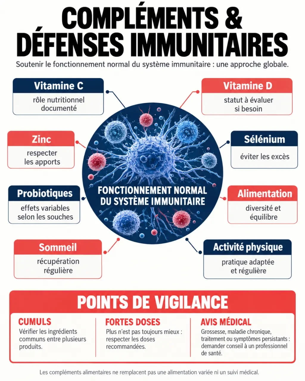 Infographie sur les compléments alimentaires défenses immunitaires, les vitamines, les minéraux et les précautions