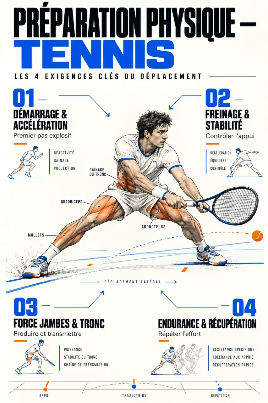 Infographie sur la préparation physique au tennis : accélération, freinage, force, endurance et récupération
