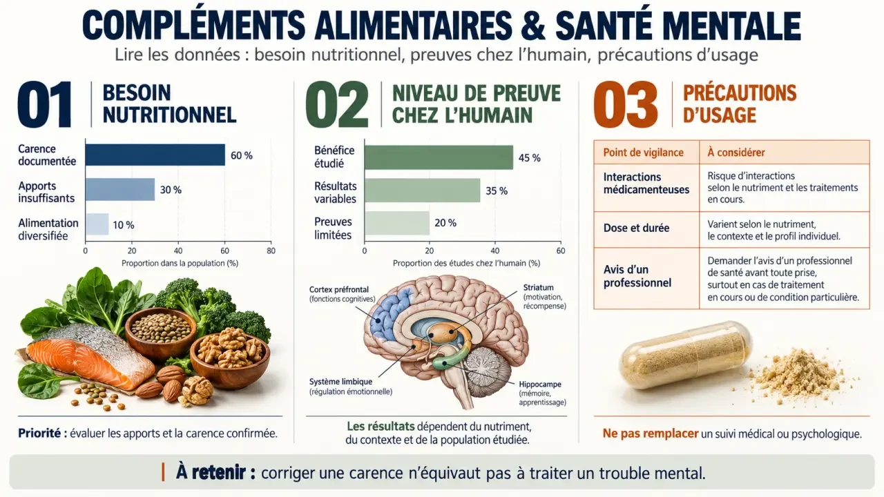 Compléments alimentaires et santé mentale : besoins nutritionnels, niveau de preuve et précautions d’usage