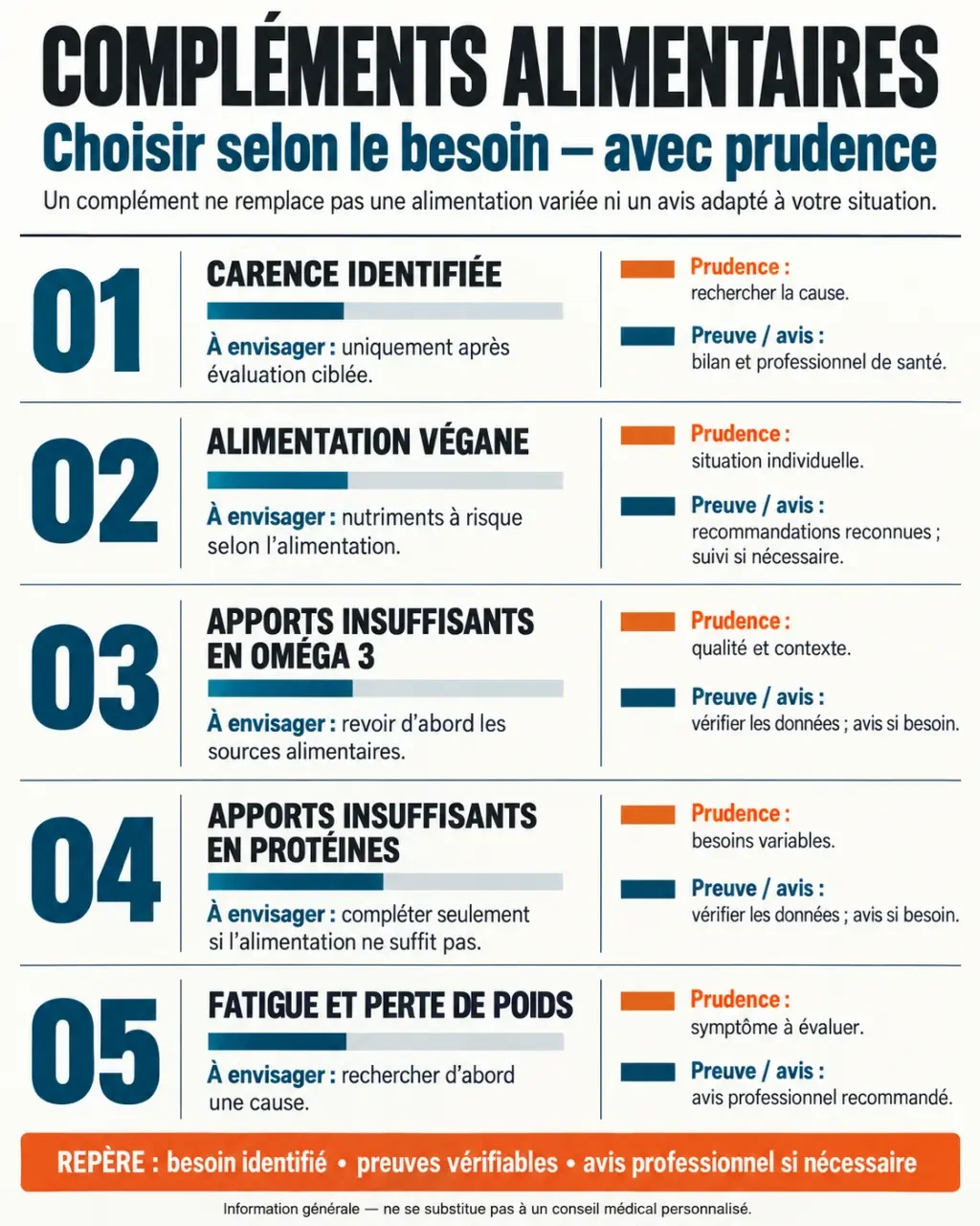 Infographie sur les meilleures compléments alimentaires selon les besoins, les preuves et les précautions
