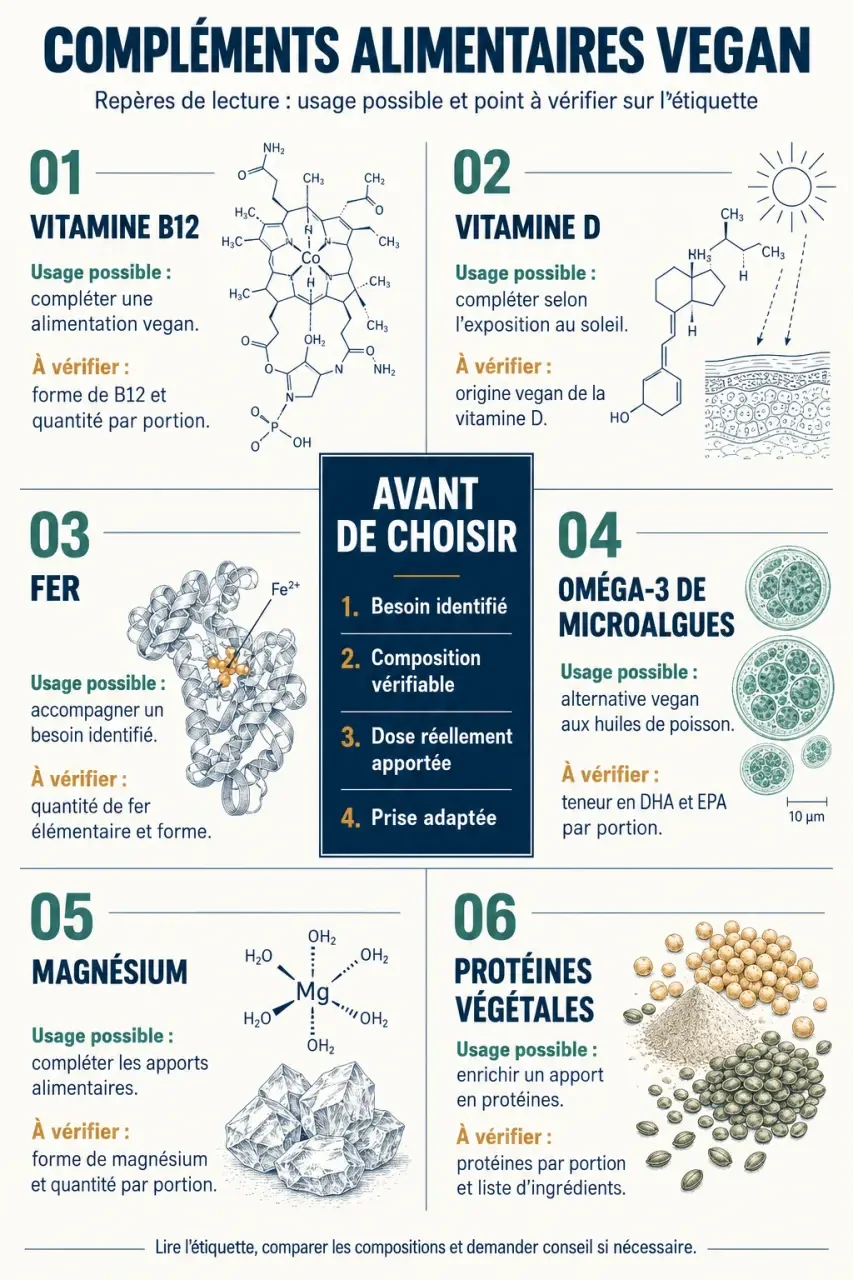 Infographie sur les compléments alimentaires vegan : B12, vitamine D, fer, oméga-3, magnésium et protéines végétales